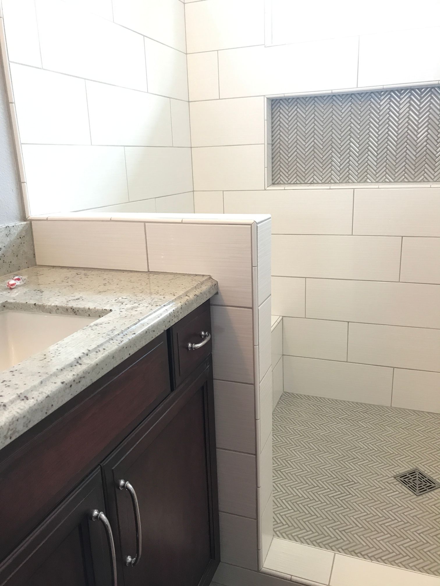Herringbone Pattern Custom Tile Shower Shelf | San Luis Obispo, CA