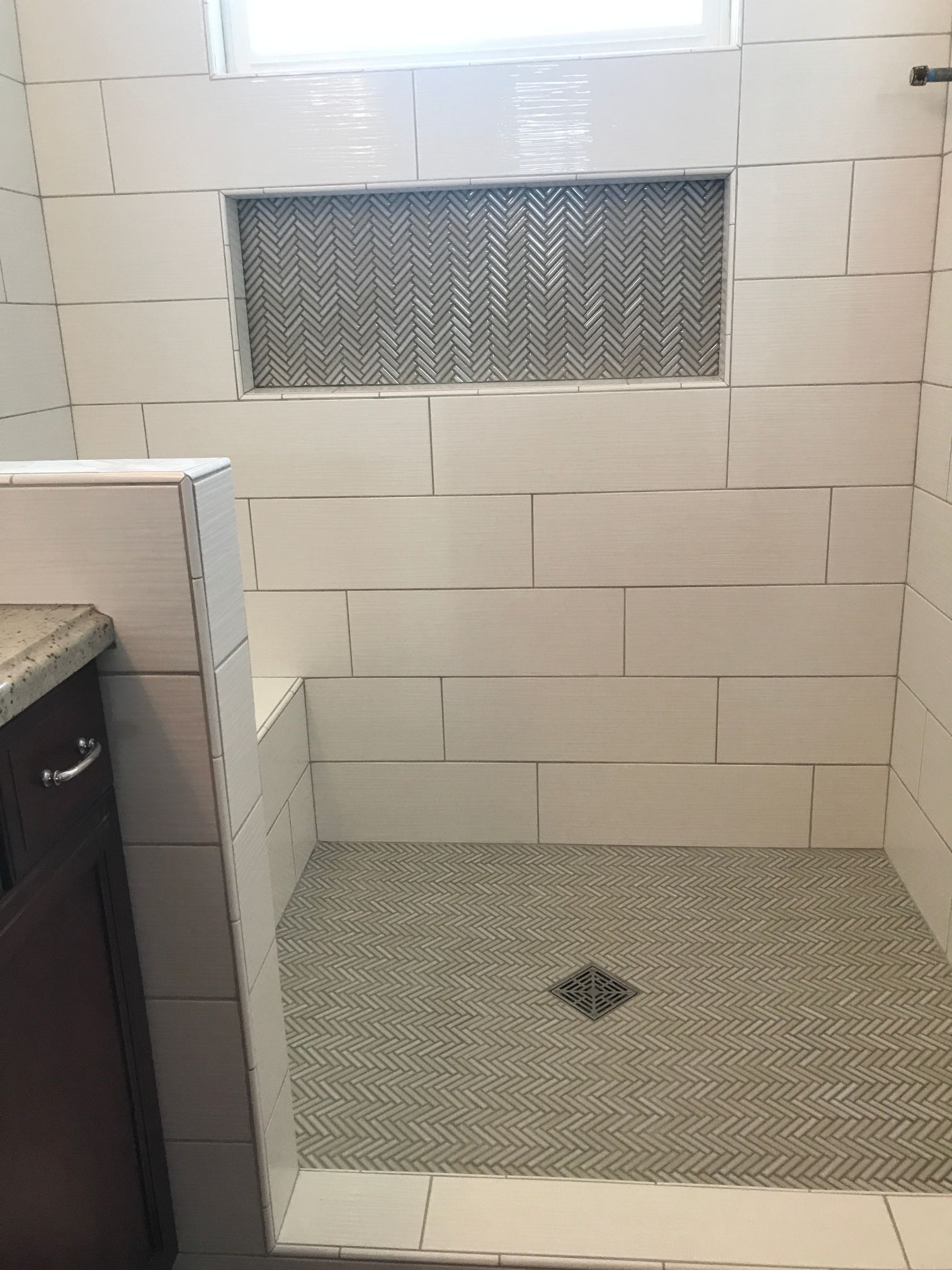 Herringbone Pattern Custom Tile Shower Shelf | San Luis Obispo, CA