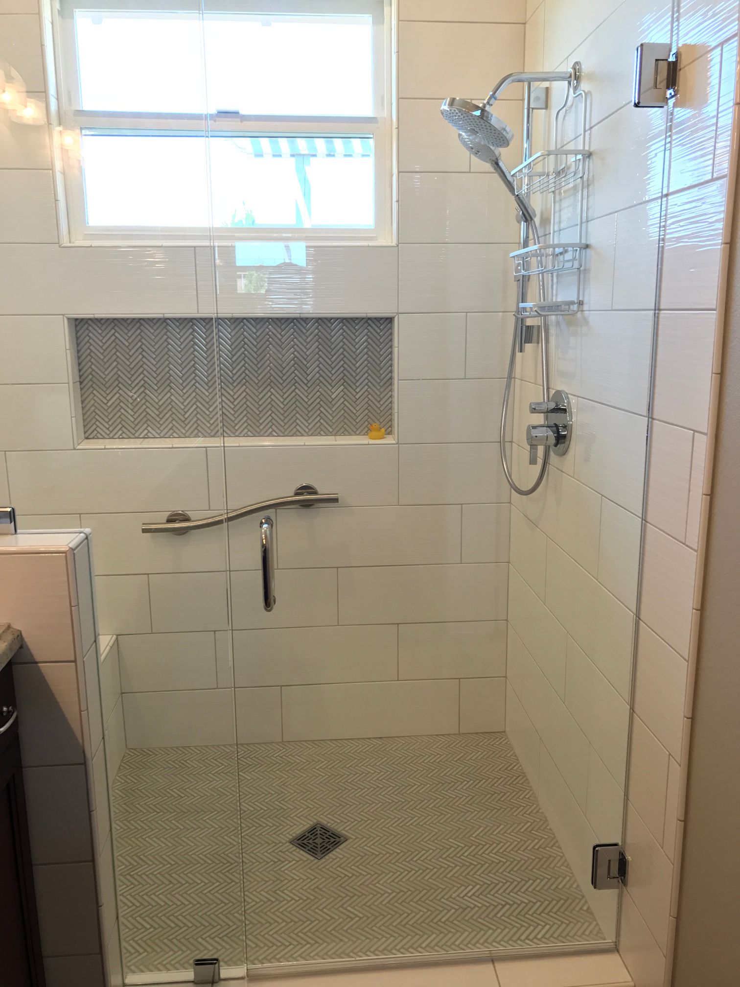 Herringbone Pattern Custom Tile Shelf in Shower | San Luis Obispo, CA