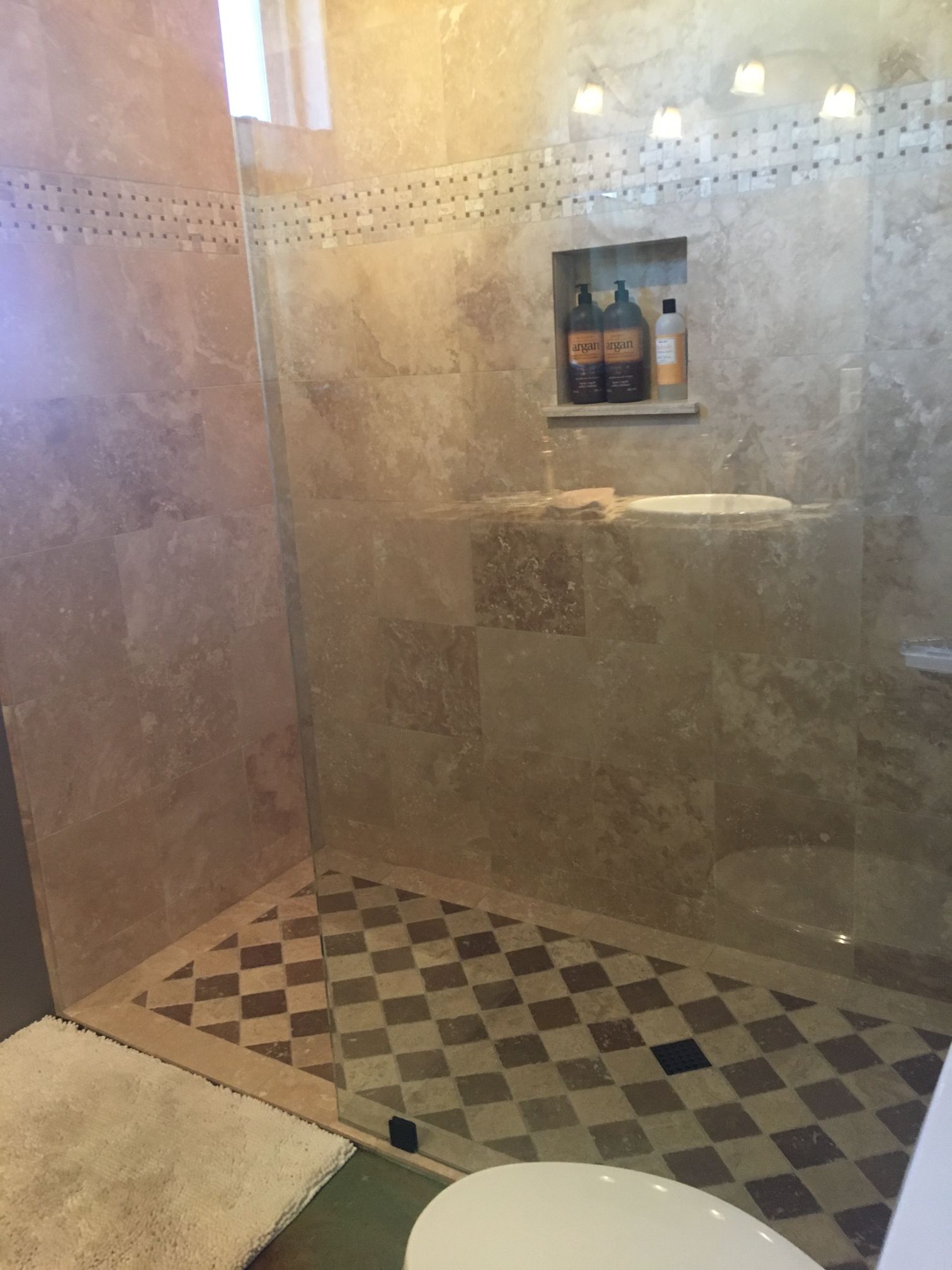 Custom Travertine Tile Shelf in Master Bath Shower | San Luis Obispo County, CA