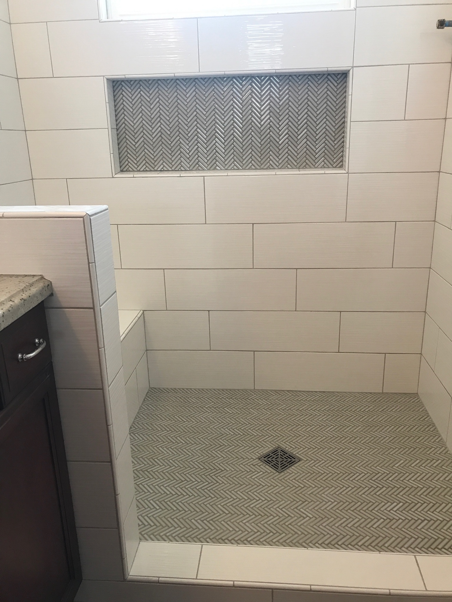 Herringbone Tile Shower Floor and Custom Shelf | San Luis Obispo, CA