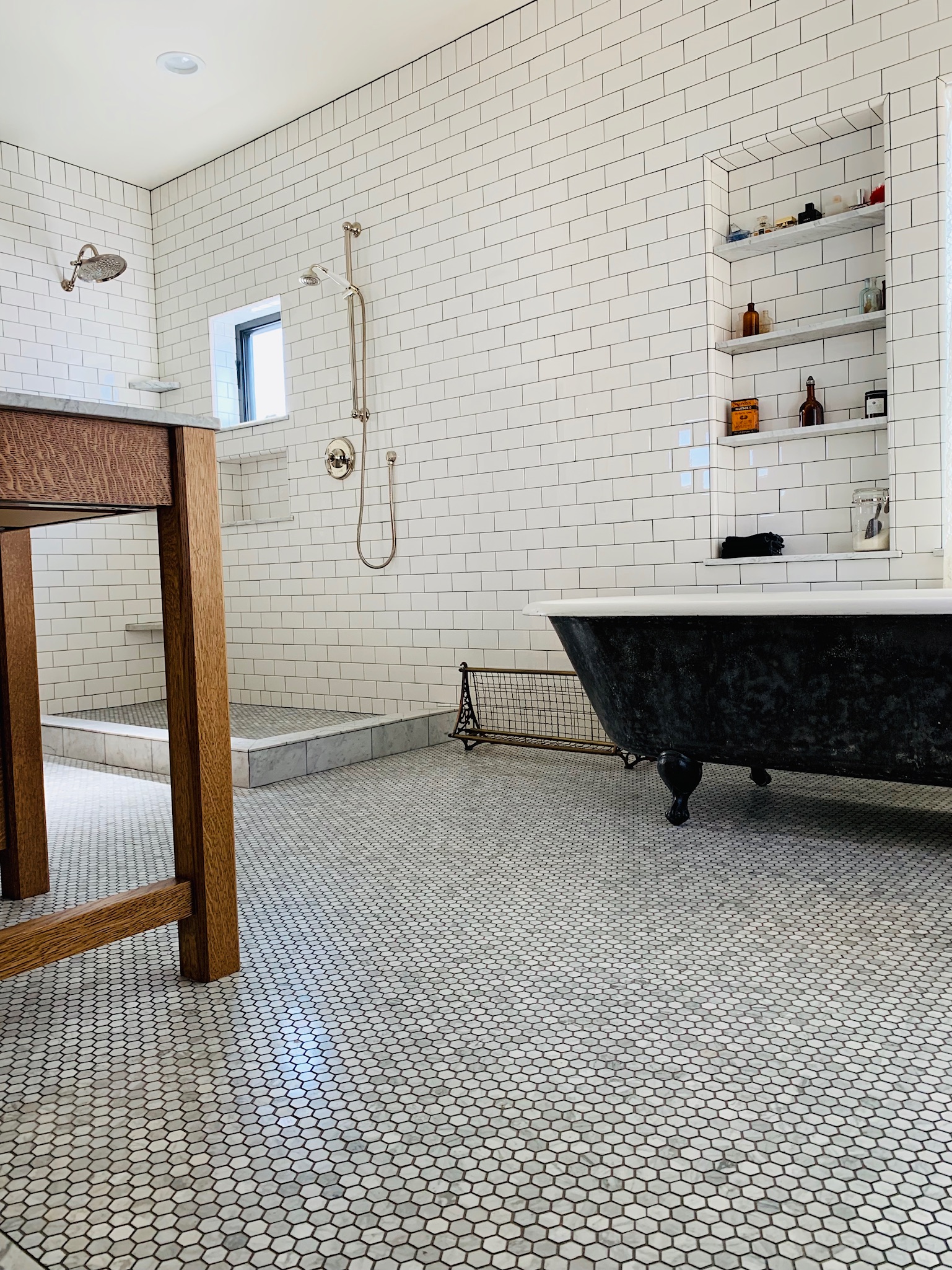 White Subway Tile Shower and Gray Penny Mosaic Floor | San Luis Obispo