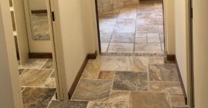 The main grout lines of the new layout compliment the existing layout.