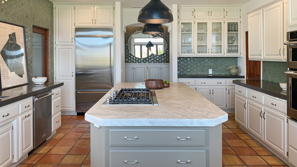 Kitchen with hexagon shaped wall and backsplash tile