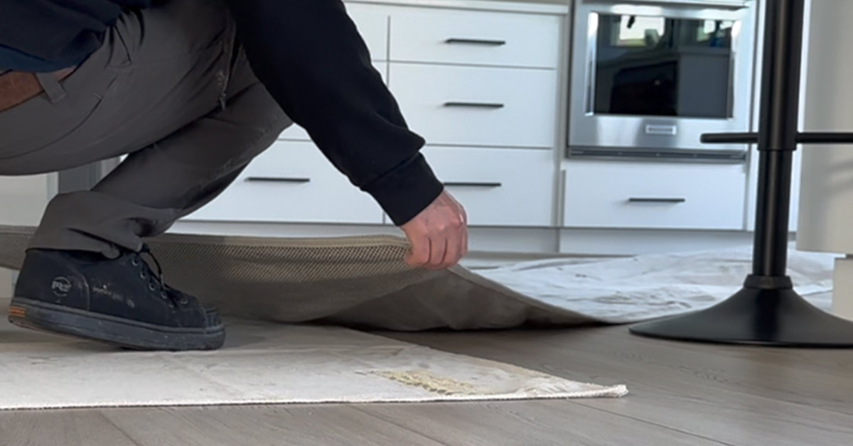 A tile installer places a protective covering over a kitchen floor.