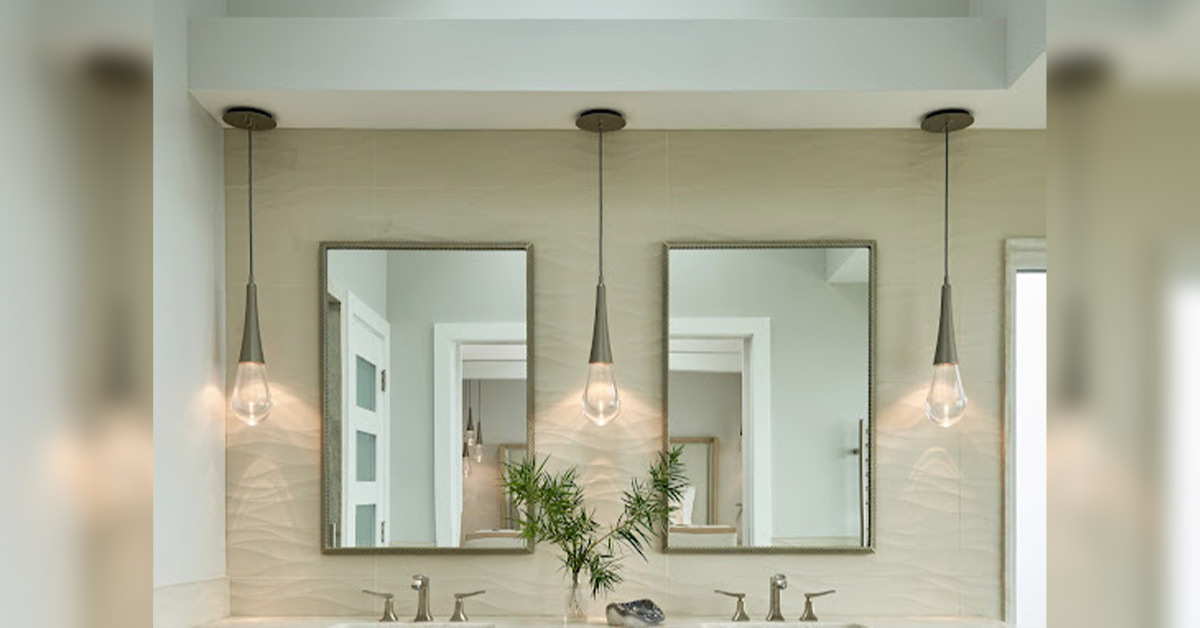 The double mirrors over the vanity serve as a focal point upon entry.