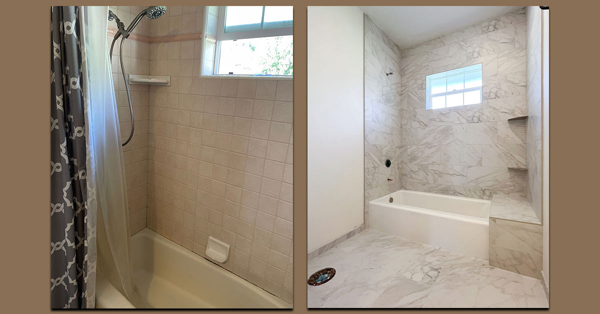 Bathroom shower before and after tile installation.